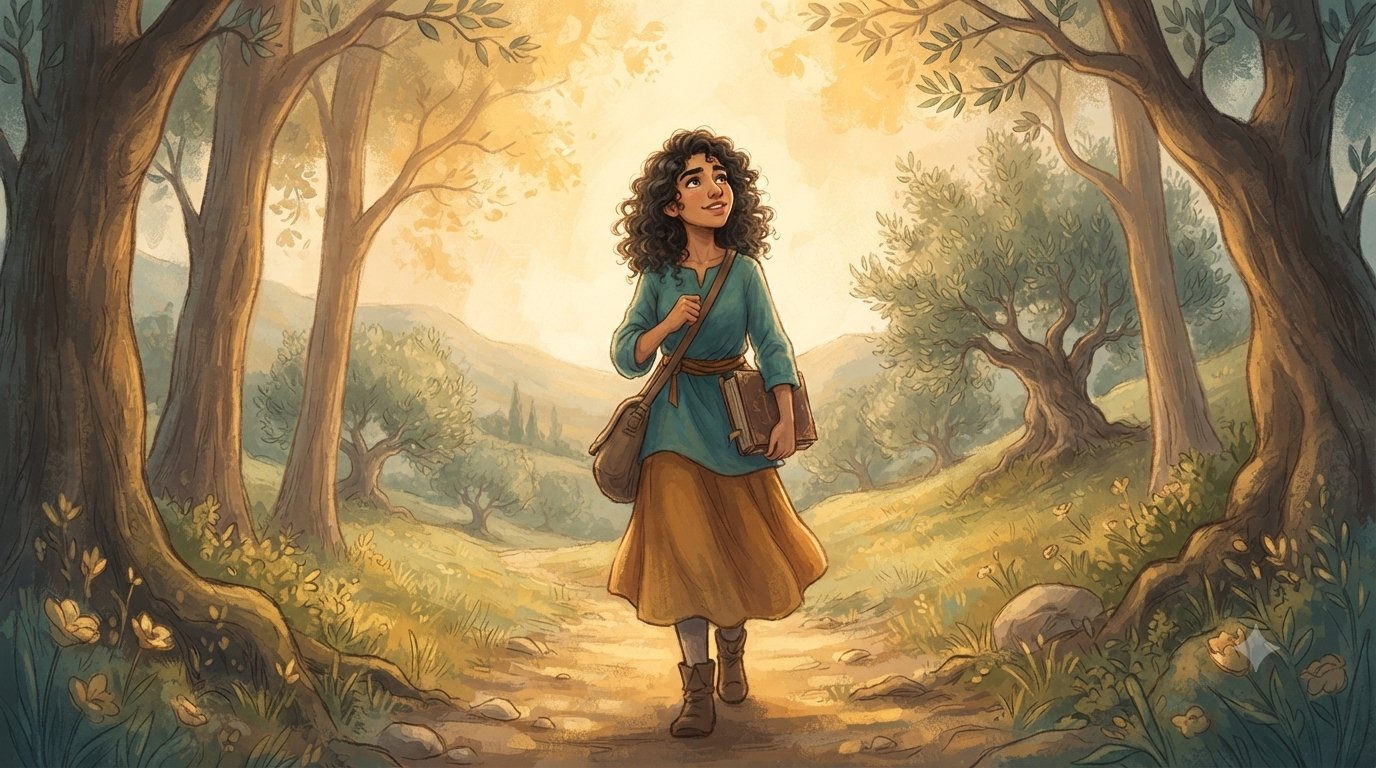 Illustration of Natalia — a young woman with dark curly hair carrying books and a satchel, walking a sunlit path through olive trees and looking hopefully toward the light.